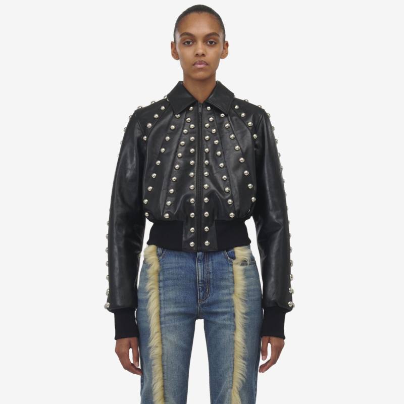 Alexander McQueen Women's Black Studded Leather Bomber Jacket - 6 (Calf leather)